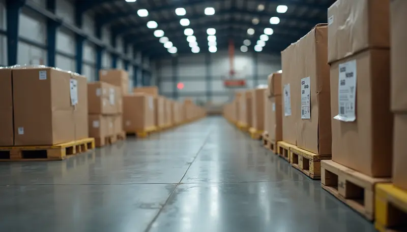 Overhead view of a logistics warehouse with pallets ready to ship