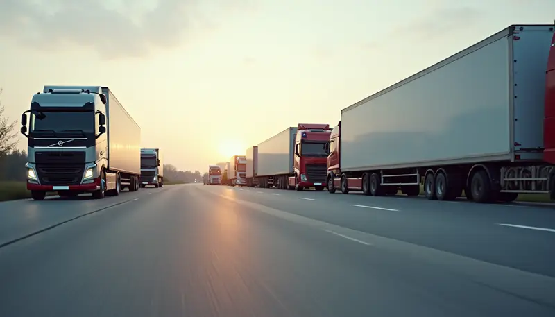 Side view of an LTL freight sorting centre with several trucks waiting